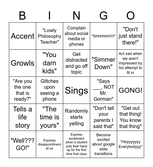 Gorman Bingo Card