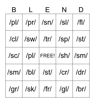 Consonant Blends Bingo Card