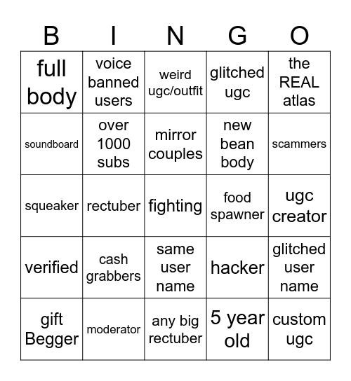 rec center bingo Card