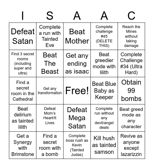 Binding of Isaac Repentence bingo Card