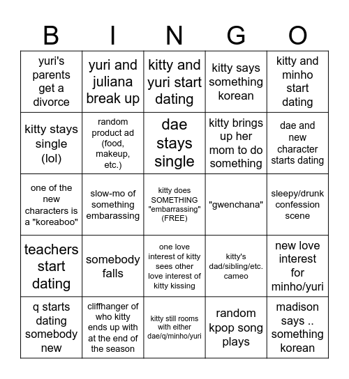 xo kitty Bingo Card