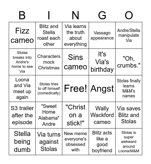 S2 Finale Predictions Bingo Card