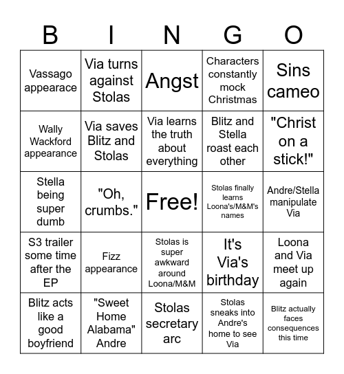 S2 Finale Predictions Bingo Card