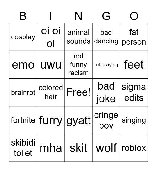 cringe Bingo Card
