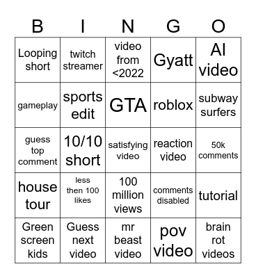 YouTube shorts bingo Card