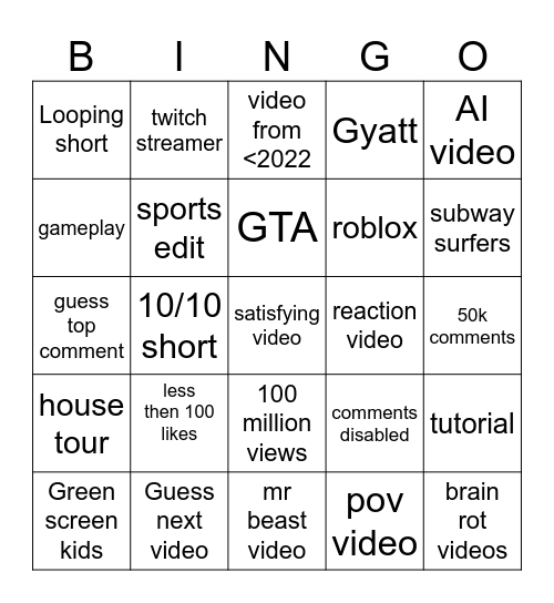 YouTube shorts bingo Card