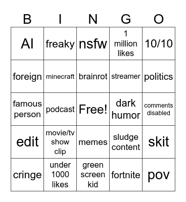 yt shorts bingo Card