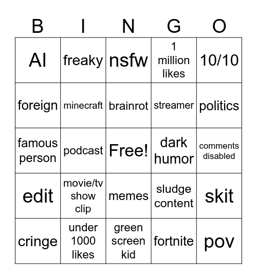 yt shorts bingo Card