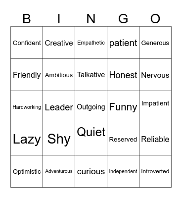 PERSONALITY Bingo Card