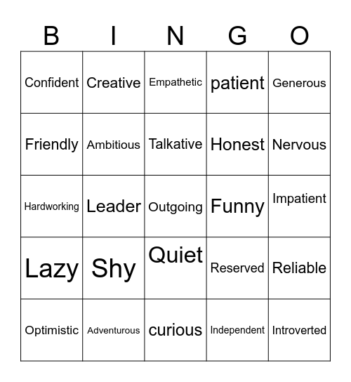 PERSONALITY Bingo Card