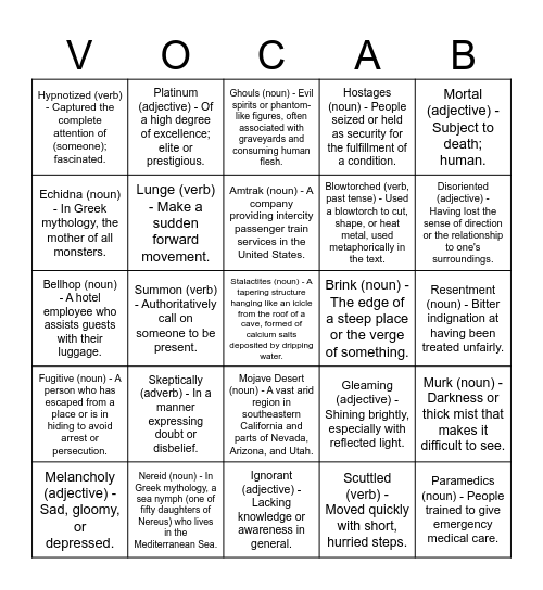 Percy Jackson Chapters 13-18 Vocabulary Bingo Card