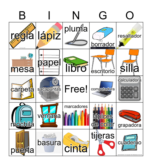 Materiales escolares Bingo Card