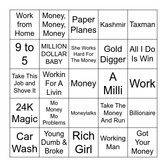 Get Your Money Up Bingo Card