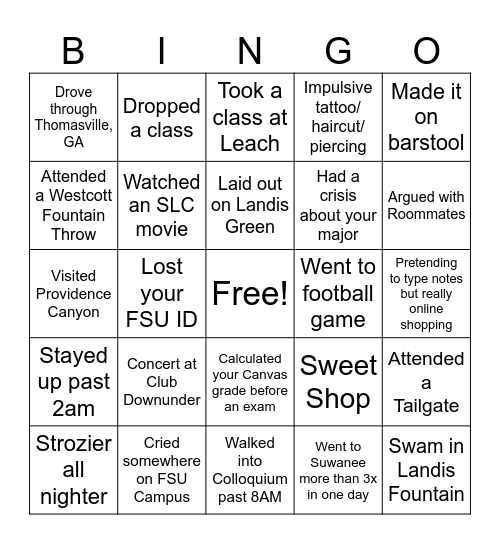 Freshman Year Bingo Card