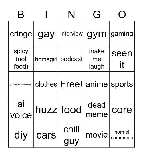 Instagram Reel Bingo Card