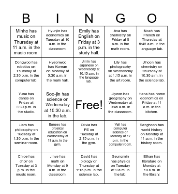 School Subjects Schedule Bingo Card