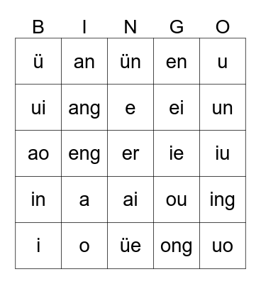 韵母yùn mǔ - Final Sounds Bingo Card
