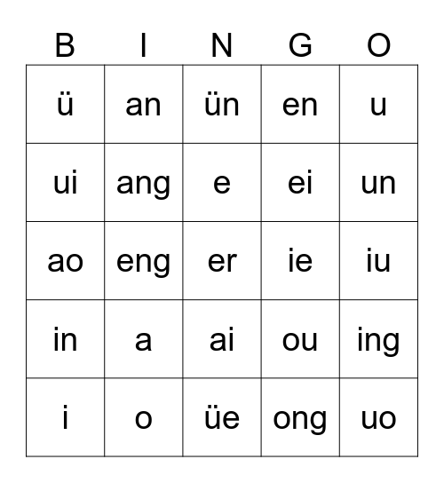 韵母yùn mǔ - Final Sounds Bingo Card