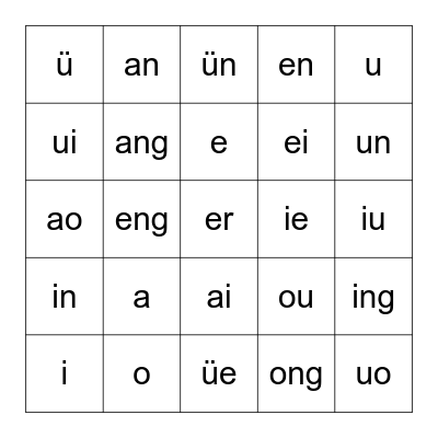 韵母yùn mǔ - Final Sounds Bingo Card