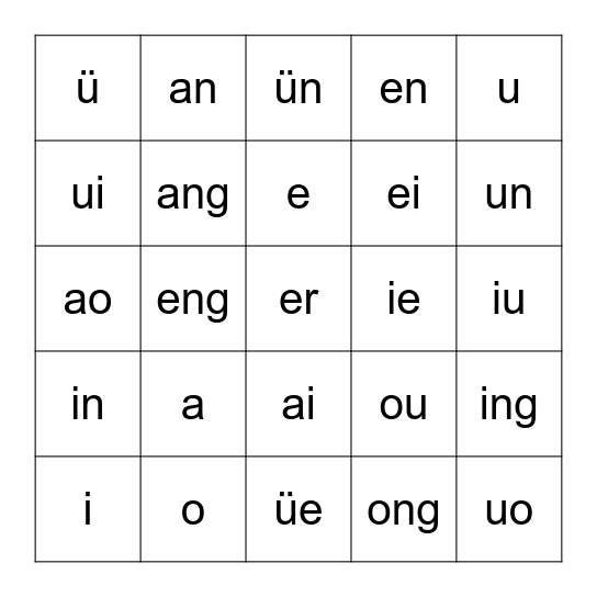 韵母yùn mǔ - Final Sounds Bingo Card