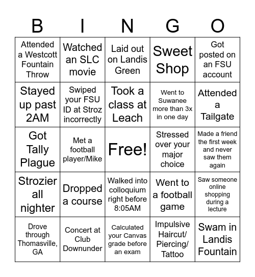 Freshman Year Bingo Card