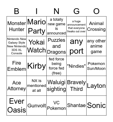 Nintendo Direct Sept 1st 2016 Bingo Card