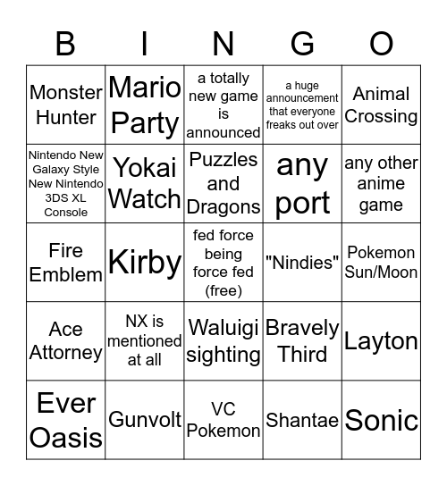 Nintendo Direct Sept 1st 2016 Bingo Card