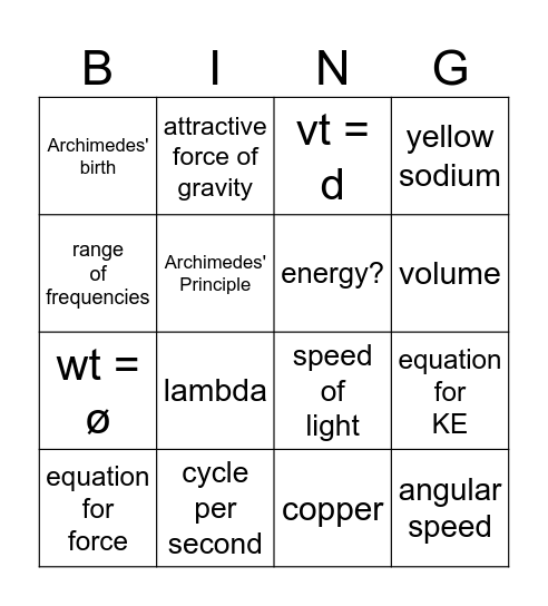 Physics Lessons 34 - 36 Bingo Card