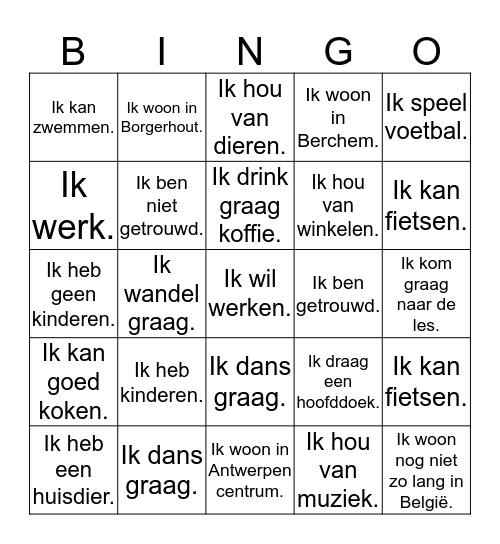 Welkom in de Nederlandse les Bingo Card