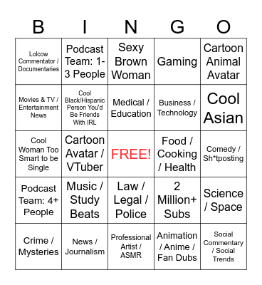 YouTube Subscription Bingo Card