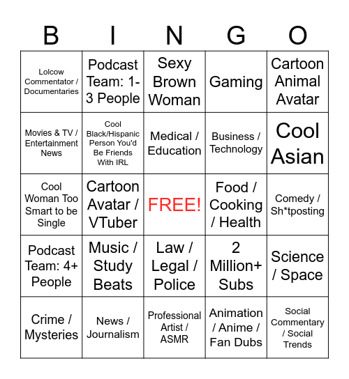 YouTube Subscription Bingo Card