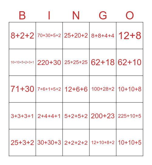 Decomposing Numbers Bingo Card