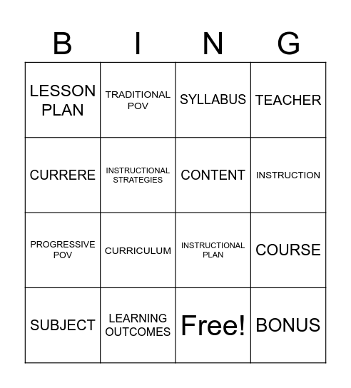 Curriculum Bingo Card