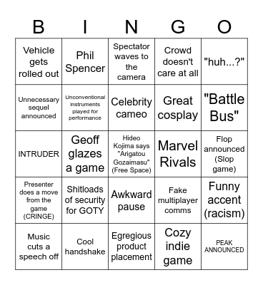 TGA Bingo Card