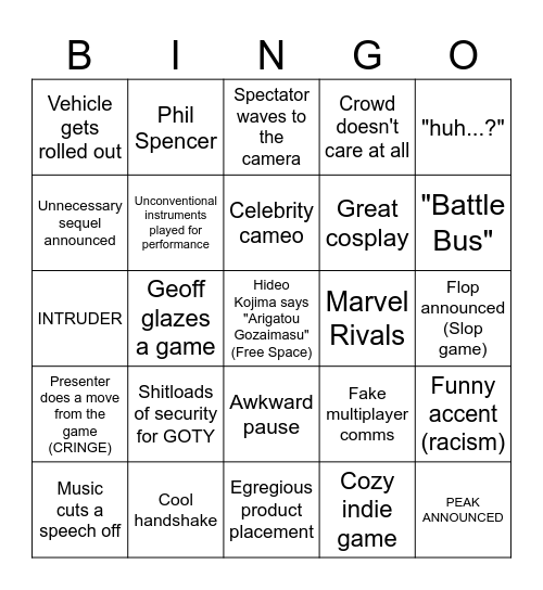TGA Bingo Card