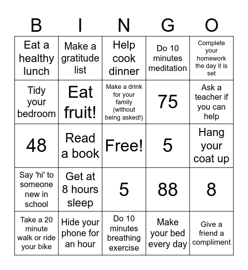 Nailsea School Wellbeing Bingo Card