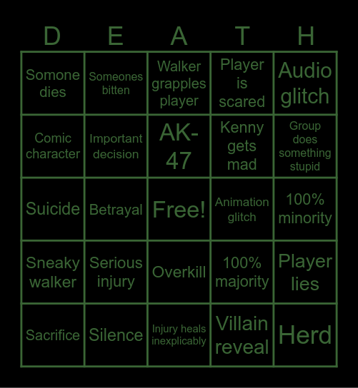 Telltale The Walking Dead Bingo Card