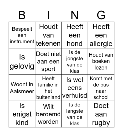 Kennismakings Bingo Card