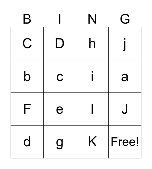 Letter Bingo A-K Bingo Card