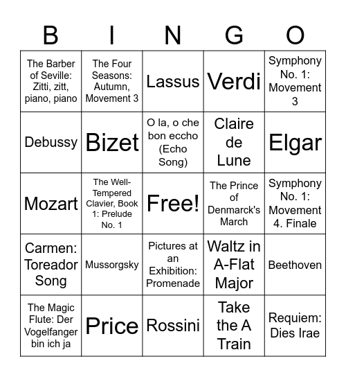 Music Memory Bingo Card