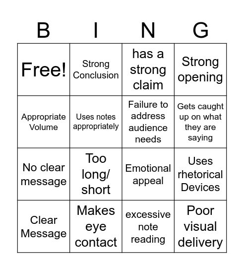 Good Speech/ Bad Speech Bingo Card