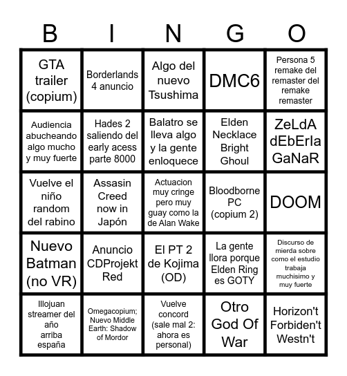 THE GAMES AWARDS Bingo Card