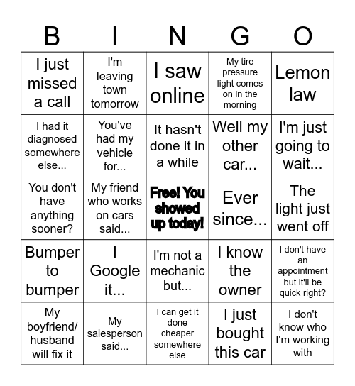 Service Advisor Bingo Card