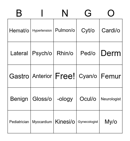 Health Terminology Bingo Card