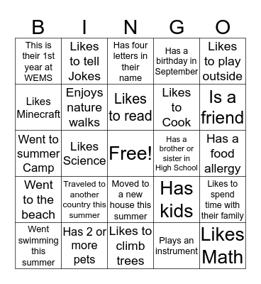 Elementary BINGO Card