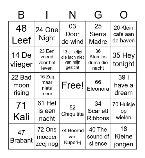 Kerstbingo Zonnebloem Bingo Card