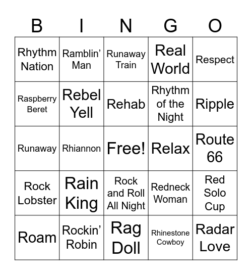 R Songs Bingo Card