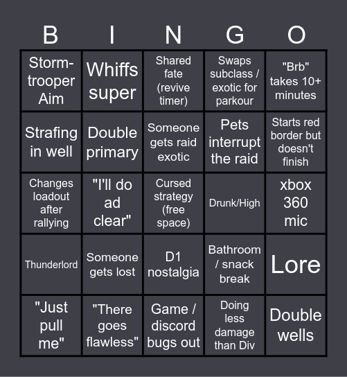 Destiny 2 Raid Bingo Card