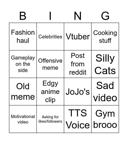 Instagram Reels bingo Card