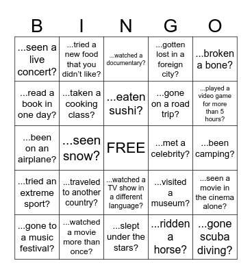 Have you ever...? Bingo Card